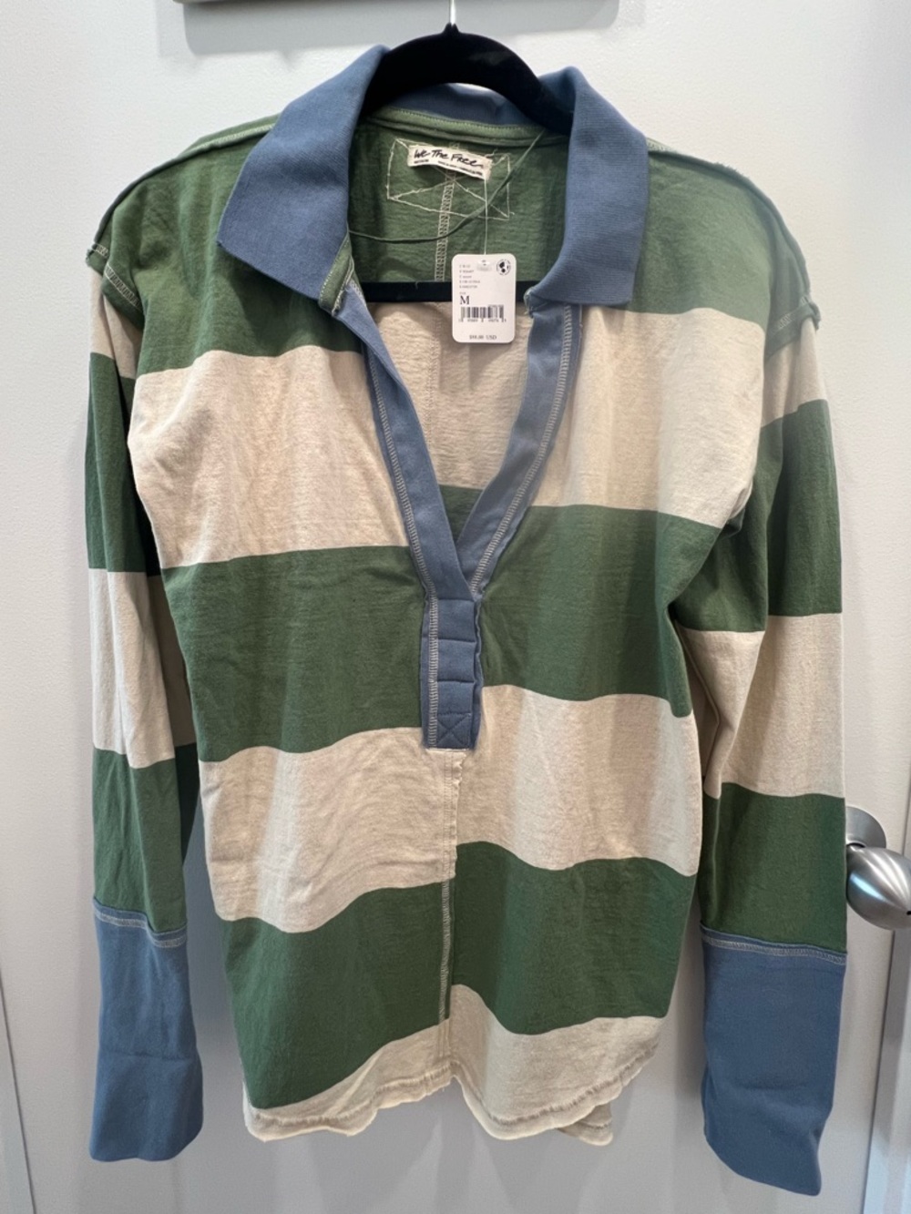 NWT We The Free People Green Striped Rugby Top Long Sleeve Thumbhole Size Medium - Picture 5 of 8
